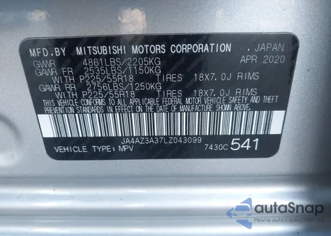 2020 Mitsubishi Outlander из США, поврежденный, VIN JA4AZ3A37LZ043099